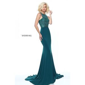 Sherri Hill Fitted jersey dress with a high neck beaded bodice Size 0 $350